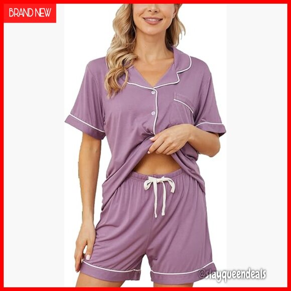 Soft Short Sleeve Pajama Set with Pockets Button Down XS-XXL